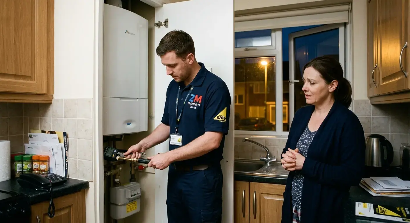 A Gas Safe registered engineer from ZM Plumbers repairs a boiler while a relieved Luton homeowner watches, demonstrating same-day gas leak detection and repair from gas smell to safe home.