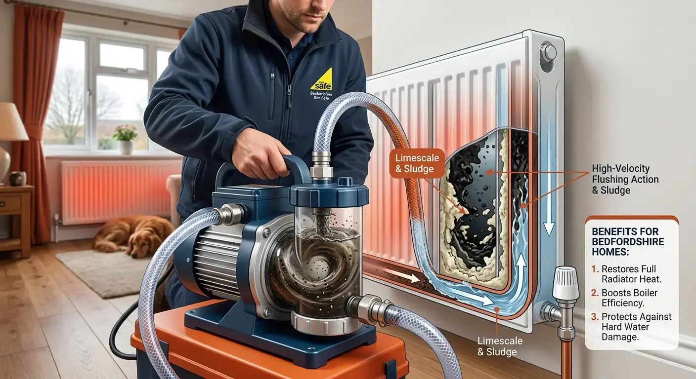 Professional Gas Safe engineer performing a central heating power flush on a radiator to remove dark sludge and limescale in a Bedfordshire home.