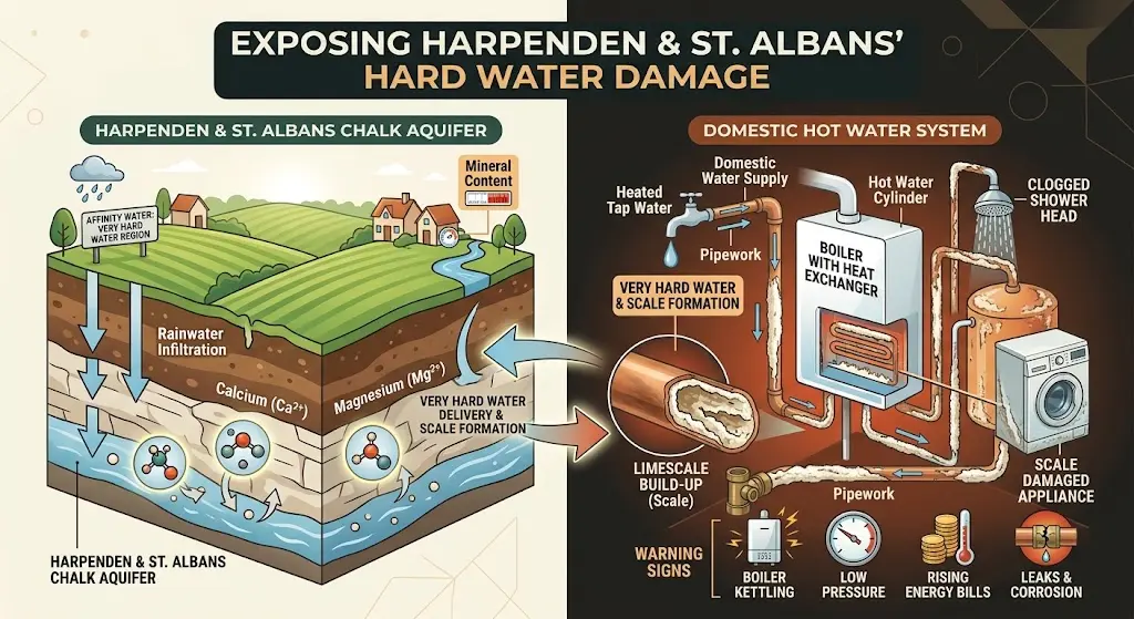 Cutaway diagram of a home boiler, hot water cylinder, and pipework showing severe limescale build-up from hard water, restricting water flow and reducing heating efficiency. A callout details the specific damage points.